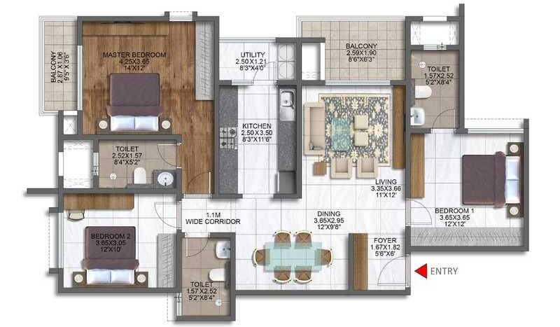 Floor Plan of 3 BHK Brigade Sanctuary