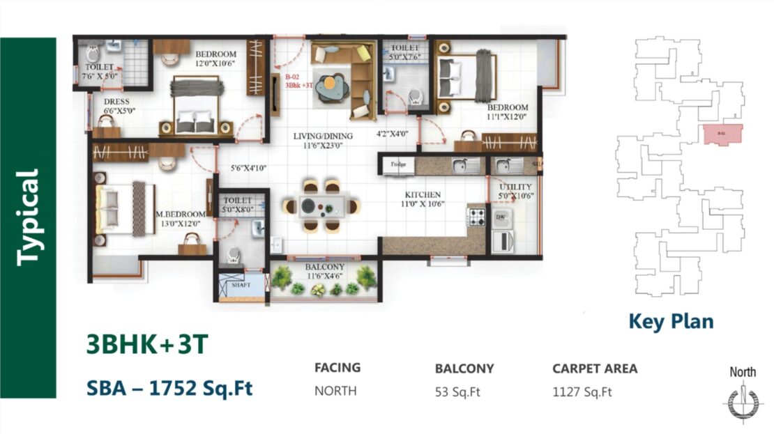 3 BHK Plan in SBR One Residence Hope Farm Whitefield